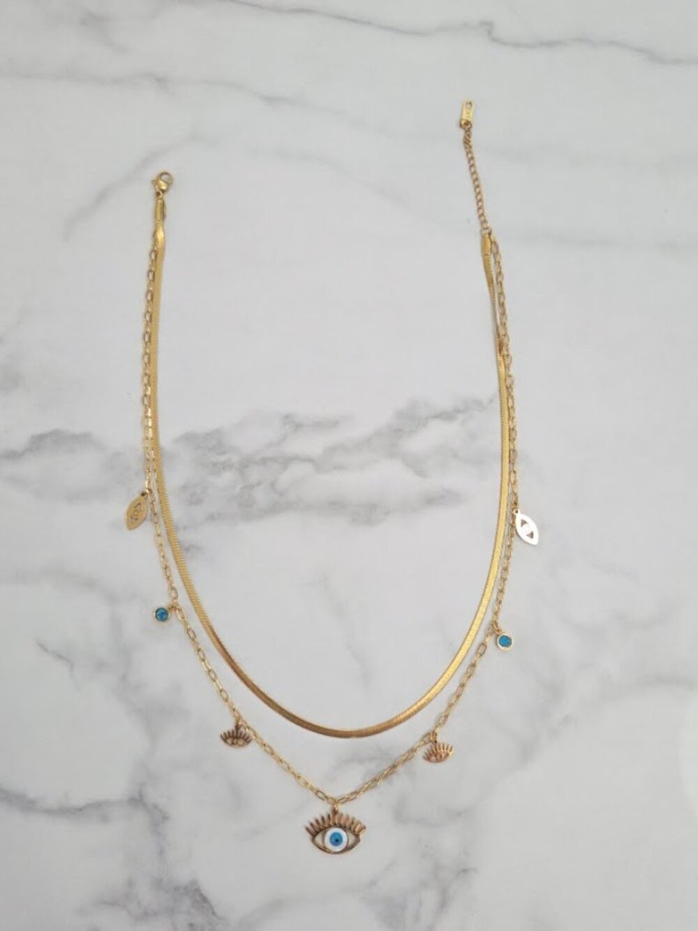 Gold Layered Evil Eye Necklace with Blue Eye Charms & Snake Chain - Picture 10 of 12